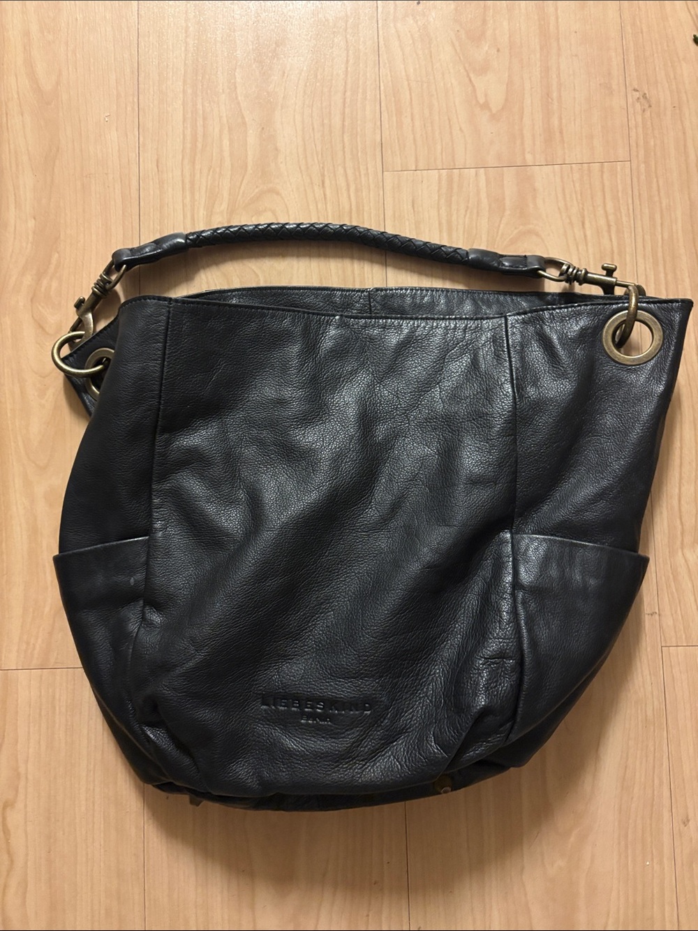 Black Braided-Handle Leather Hobo Bag